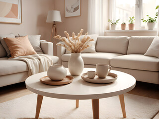 Apartment interior design in Scandinavian style and warm beige colors - 660383178