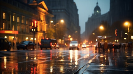 the wet street of the night city is filled with people and cars