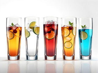 Row of various colorful drinks with ice and fruits on white background - 660383199