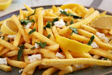 Homemade Greek Fries with Feta and Tzatziki on a Plate, side view. Close-up.