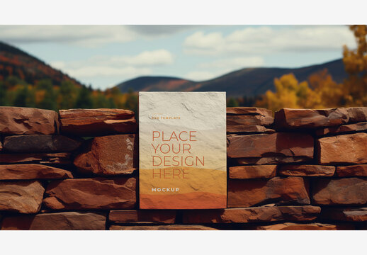 Mountain Range with Stone Wall Billboard Mockup: Stretch Sign, Trees, Hills, Blue Sky, Clouds - Perfect Frame Poster for Stock Images Frame Poster 