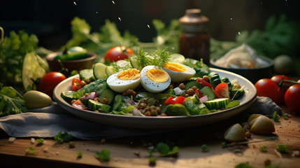 a plate with roughly chopped vegetables and herbs and a couple of sliced boiled eggs on top, the plate is on a wooden table, vegetables are laid out around it