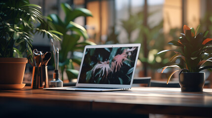 an open laptop on the table where there are several pots with plants in front of the table a large window behind which is a view of a park with green trees - obrazy, fototapety, plakaty