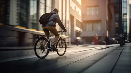 Foto op Plexiglas a guy on a bicycle in a jacket and hat and with a backpack rides on a city street © MYKHAILO KUSHEI