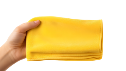 hand holding cleaning yellow towel. Isolated on Transparent background.