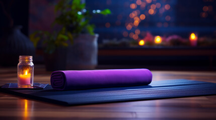 twisted purple fitness mat on floor in dark dimly lit room with candles, meditation atmosphere