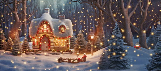 A small fairy tale cottage in a winter snow covered forest illustration, Christmas background with woodland house made by gnomes and trolls