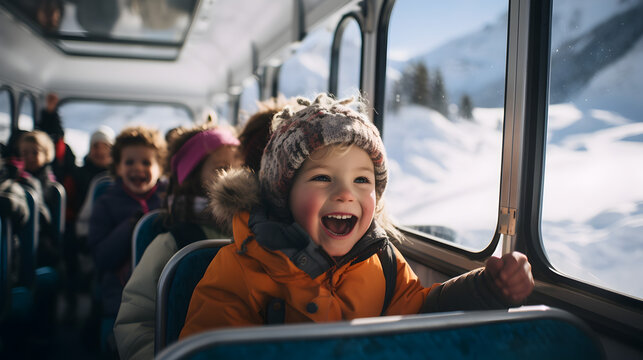 des enfants joyeux dans un bus scolaire pour une classe de neige
