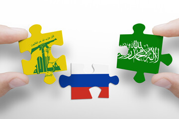 Puzzle made from flags of terrorist organization Hezbollah, Hamas. Russia relations with Hamas
