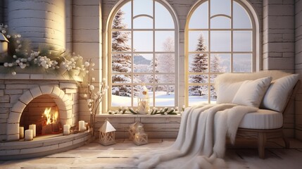 White christmas indoors big window with snow outside bright inside warm and cosy - obrazy, fototapety, plakaty