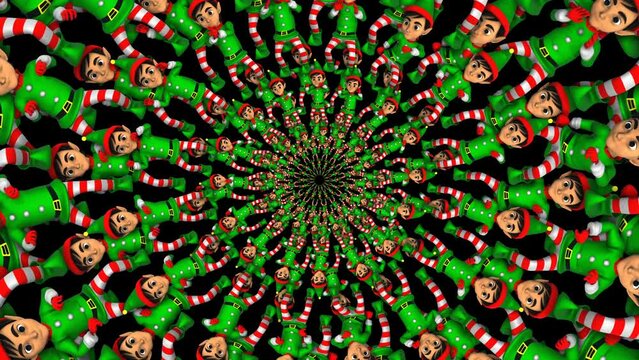 Cute elves dancing circle. Seamless psychedelic Christmas animation