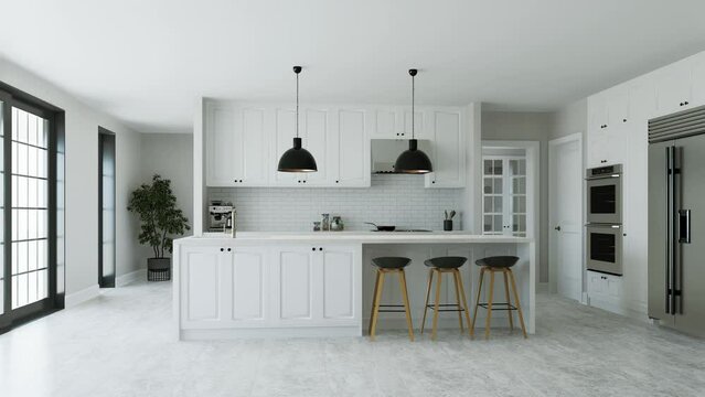 White kitchen interior with island, kitchen appliances and lighting.