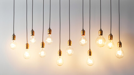 Mock up of hanging light bulbs with one glowing