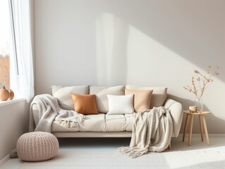 Modern minimalist scandinavian style living room with large comfortable sofa scattered with blankets, soothing colors, modern minimalist background