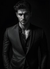 Obraz premium Photo of male model , black and white, realistic, portrait, not painted, very detailed faces, skin with pores, 4k, dark suit, black plain background, skin not smoothed, face from left 