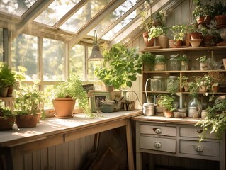 Cozy scandinavian style potting shed interior photo, indoor greenhouse, sun-filled greenhouse - obrazy, fototapety, plakaty