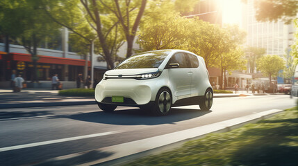 a small stylish modern electric car rushes through the beautifully landscaped streets of a modern city