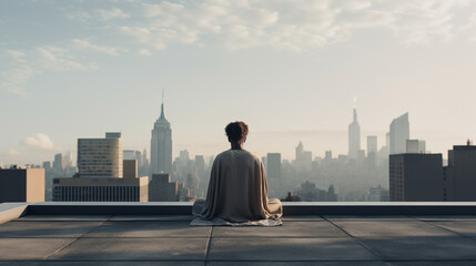 Obraz premium a person in lotus position on a nice sunny day sitting on an empty roof with a nice view of the city and meditating, rear view