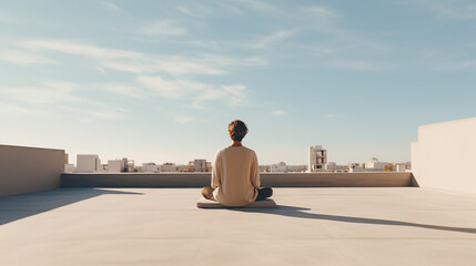 a person in lotus position on a nice sunny day sitting on an empty roof with a nice view of the city and meditating, rear view - Powered by Adobe