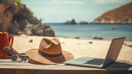 on a wooden table standing on a sunny beach lies a stylish light hat from the sun with a black stripe, as well as a laptop and sunglasses, in the background you can see sand, stones and the sea - obrazy, fototapety, plakaty