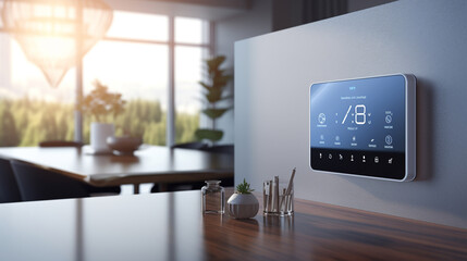 touch panel of a smart house on the wall of a modern room in a private house, from the window of which you can see a green forest and a sunset