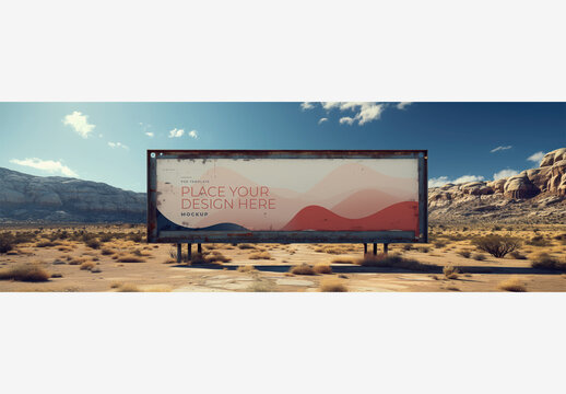 Desert Landscape with Frame Poster Billboard Mockup: White Sign in Scenic Mountain Backdrop & Blue Sky with Clouds - Perfect for Stock Images