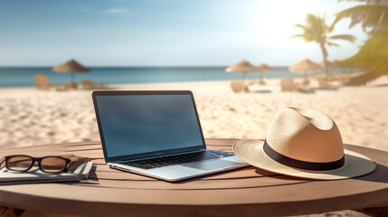 Fototapeta na wymiar a stylish light sun hat with a black stripe and a laptop and sunglasses lie on a wooden round table standing on a sunny beach, the sand and the sea are visible in the background