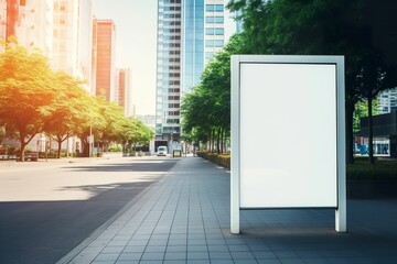 Vertical blank white billboard at bus stop on city street. Poster mockup on background buildings and road, street next to road.