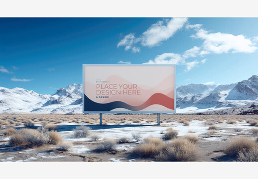 Mountainous Desert Landscape with White Billboard Frame Poster Mockup and Blue Sky with Clouds - Stock Photo Frame Poster Billboard Mockup