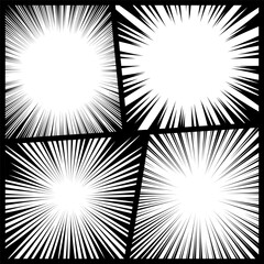 Comic book radial rays, lines. Comics background with motion, speed lines. Pop art style elements. Vector illustration