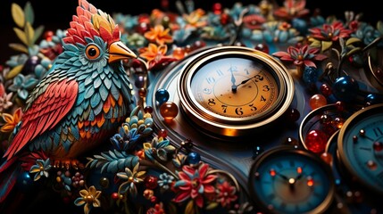 bird and a clock, cuckoo, decoration - obrazy, fototapety, plakaty