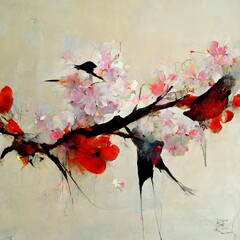 cherry blossom and humming birds abstract painting contemporary art 