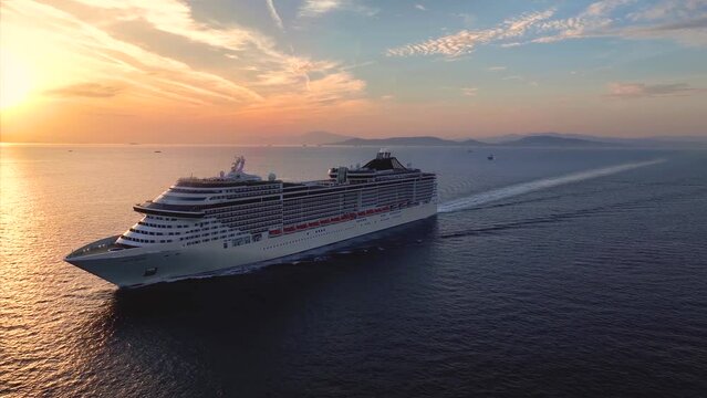 Panoramic aerial view of a cruise ship traveling over the ocean during golden summer sunset time