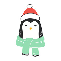 Cute hand drawn penguin wearing hat and scarf. Funny christmas bird for kids design. Doodle animal character illustration for winter card, poster, invitation, print. Vector drawing