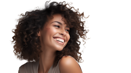 Happy Dark Skinned Woman with curly hair standing. Isolated on Transparent background.