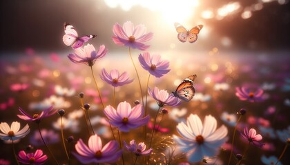 : Sunlit Cosmos Flowers and Butterflies in Meadow