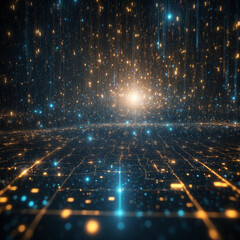 Obraz premium Big data flowing through the cyberspace in blue and golden tones, neural networks over a dark background. Suitable for technology, science or education projects.