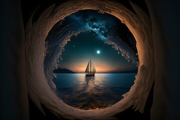 There is a sail on the sea in night without light the ocean spreads out radially the background is the color of the sky everything is in a perfectly circular area fantasyphotographic 16K 