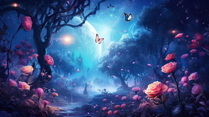 Fantasy fairytale forest with roses and butterflys background, magical forest wallaper
