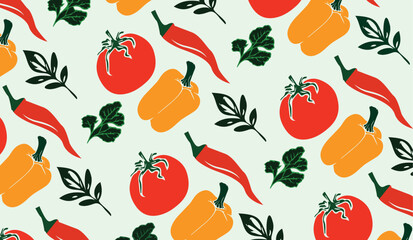 Colored pattern of vegetables on a green background. Vector drawing, pattern for packaging, banner, flyer. Design element.