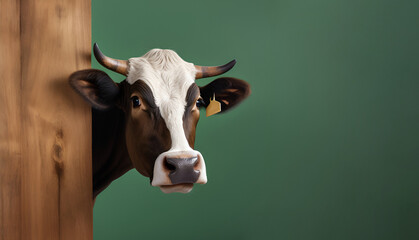 Illustration of a cow looking out from behind a wooden fence on a green background 2