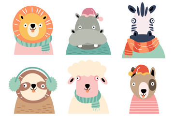 Wildlife animals with winter costume . Flat design . White isolate background . Set 1 of 4 . Vector .