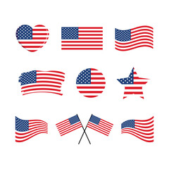 Flag of the United States icon set vector isolated on a white background. USA flag graphic design element. American flag in heart shape vector. United States symbols collection. Set of American icons