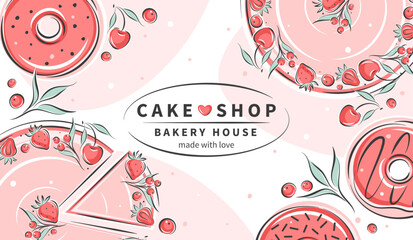 Cake shop. Different desserts, pastry dishes, ingredients for baking items, donuts. Vector illustration for menu, recipe book, baking shop, cafe.