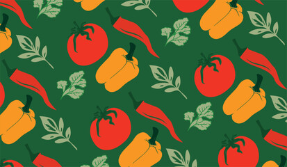 Colored pattern of vegetables on a green background. Vector drawing, pattern for packaging, banner, flyer. Design element.