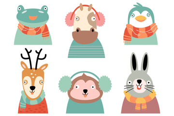 Wildlife animals with winter costume . Flat design . White isolate background . Set 2 of 4 . Vector .