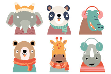Wildlife animals with winter costume . Flat design . White isolate background . Set 4 of 4 . Vector .