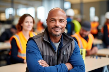 Fototapeta premium Black man engineer in work uniform sitting at the table