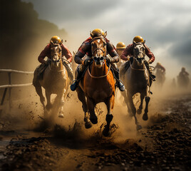 An intense moment captured during a horse race as jockeys