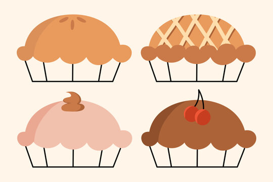 Vector pies illustration thanksgiving and holiday pumpkin pie. Various happy thanksgiving day traditional pumpkin pie